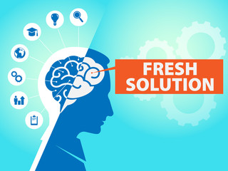 Brain with icons and business symbols and text fresh solution. 2