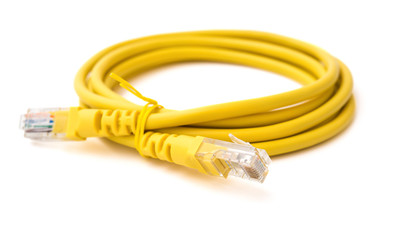 side view yellow RJ45 computer network connecting cable on white with clipping path