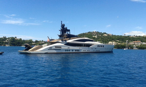 Silver Grey Power Motor Super Yacht At Sea	