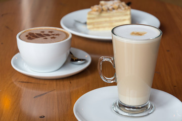 hot coffee on wood table