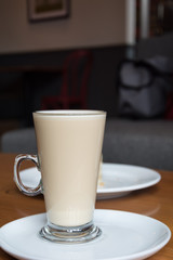 hot coffee on wood table