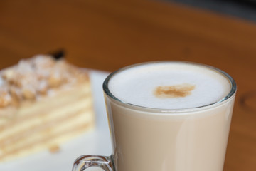 hot coffee on wood table