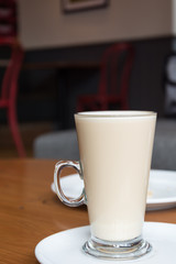 hot coffee on wood table