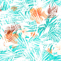 Bright seamless summer tropical pattern with palm tree leaves