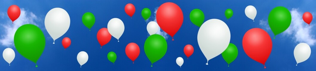 Banner Red, green, white balloons on blue sky
