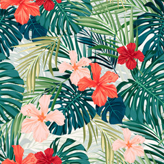 Bright colorful tropical seamless background with leaves and © Ms.Moloko