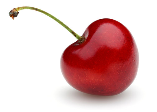Ripe red cherry with stalk isolated on white background