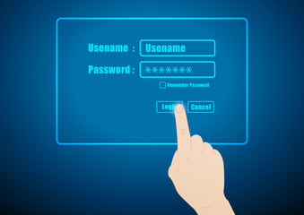 hand pressing login touchscreen button to access the internet we