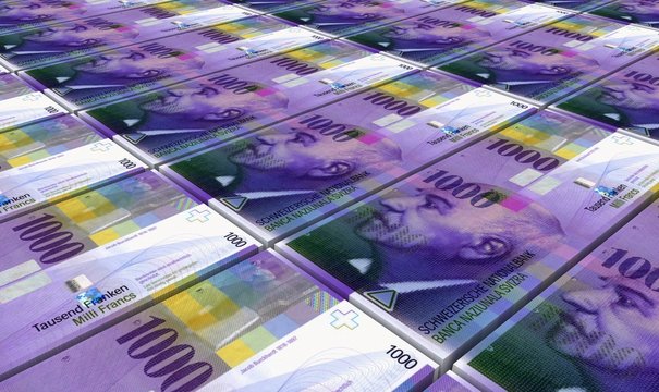 Swiss franc bills stacks background. Computer generated 3D photo rendering.