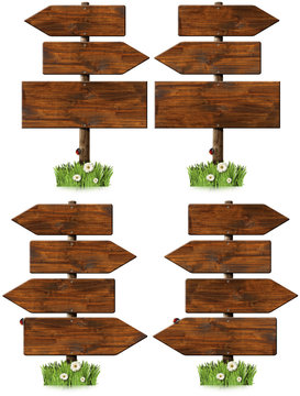 Set of Directional Wooden Signs with Pole