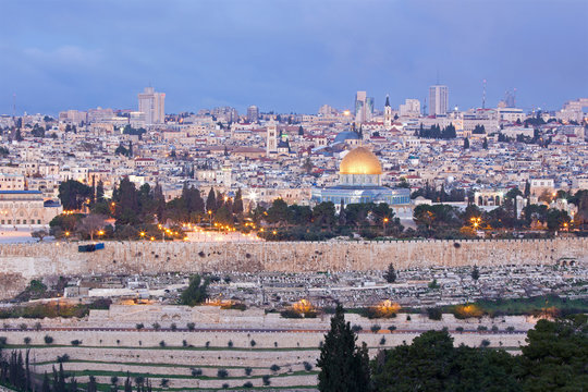 Jerusalem - Outlook from Mount of Olives to old city at dusk