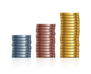 Vector stacks of coins. Gold, silver and copper coins