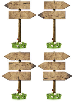 Set of Directional Wooden Signs with Pole