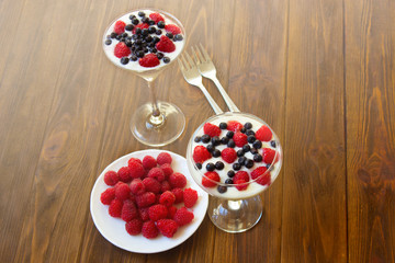 yogurt dessert with raspberries and blueberries