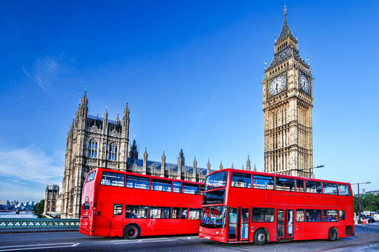 Big Ben with buses in London, England