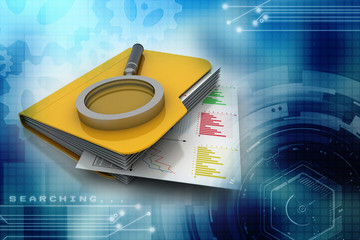 Magnifying glass over the yellow folders. 3d illustration