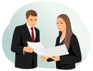 Business colleagues reading documents and discussing in office