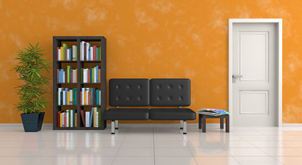 sofa, bookcase and plant in an orange living room