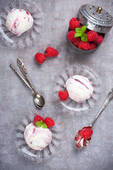Homemade berry ice cream with fresh raspberries