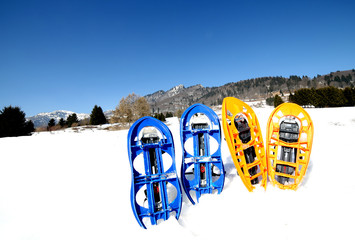 four blue and orange snowshoes in mountains