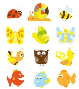 cute set of cartoon ladybird , snail, birds, fish, owl and bee - vectors for children