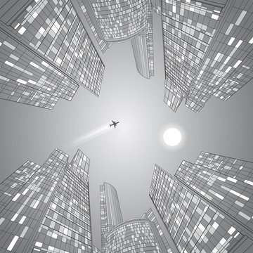 Airplane flying. Business building, vector lines, silver illustration 