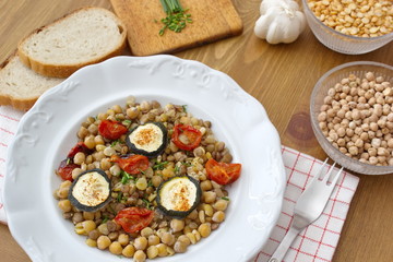 healthy dinner consist of legumes and vegetable, served with bread