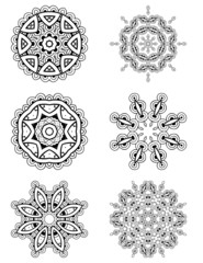 Vector set of 6 abstract floral round symmetric lace ornament