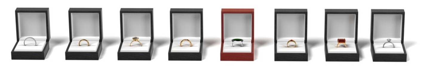 3d render of rings in boxes