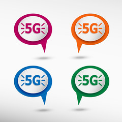 5G sign on colorful chat speech bubbles.