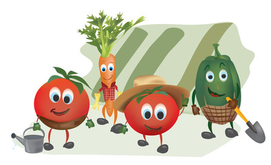 Set of  Cartoon Vegetables with Clothes in the Garden