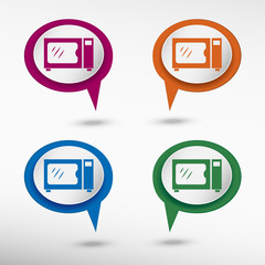 Microwave oven on colorful chat speech bubbles.