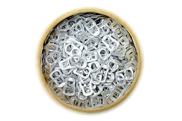 Ring pull aluminum of cans in wooden bowl on white background