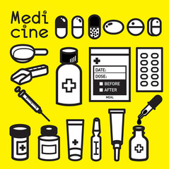 MEDICINE
icon of medicine and packaging use for first aids kit at home.