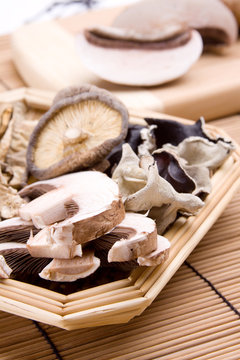 Assortment of Mushrooms – An assortment of mushrooms, including fresh portobellos, dried shitakes and dried woodears.