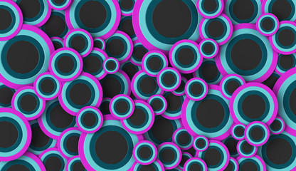 3D render of grey, blue, cyan and pink circles of various sizes filling the full frame