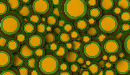 3D render of brown and green circles of various sizes filling the full frame