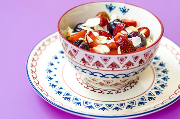 breakfast cottage cheese with yogurt fruits and nuts 
