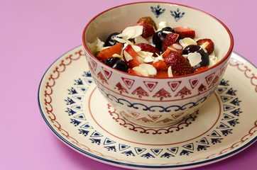 breakfast cottage cheese with yogurt fruits and nuts 