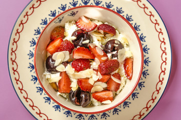 breakfast cottage cheese with yogurt fruits and nuts 