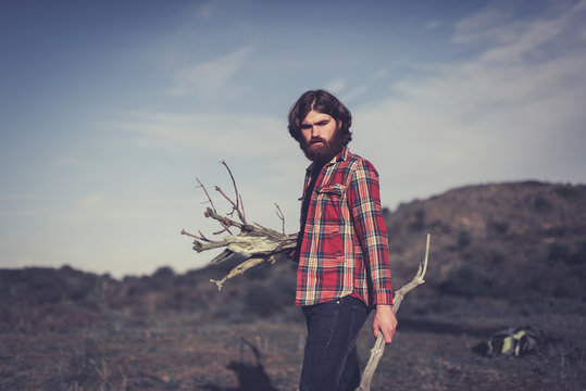 Man Collecting Firewood For Cooking