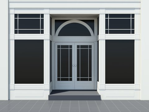 Shopfront with large windows. Classic White store facade.