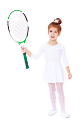 little girl with a tennis racket in his hand