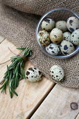 Quail eggs, a bunch of rosemary and burlap 