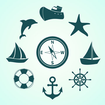 Set of vector icons contains ships, boats, sea life and equipment