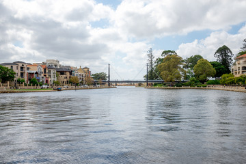 Fototapeta premium Pedestrian bridge and a small harbour in East Perth