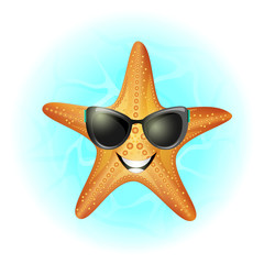 Starfish with sunglasses and blue water - 85665707