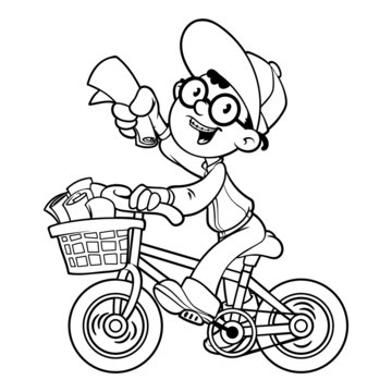 Cartoon Paper Boy By Bike. Outline On A White Background