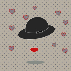 Womans icon. Hat and lips on polka dot background. 