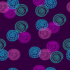 Seamless pattern with abstract spiral elements on dark background.